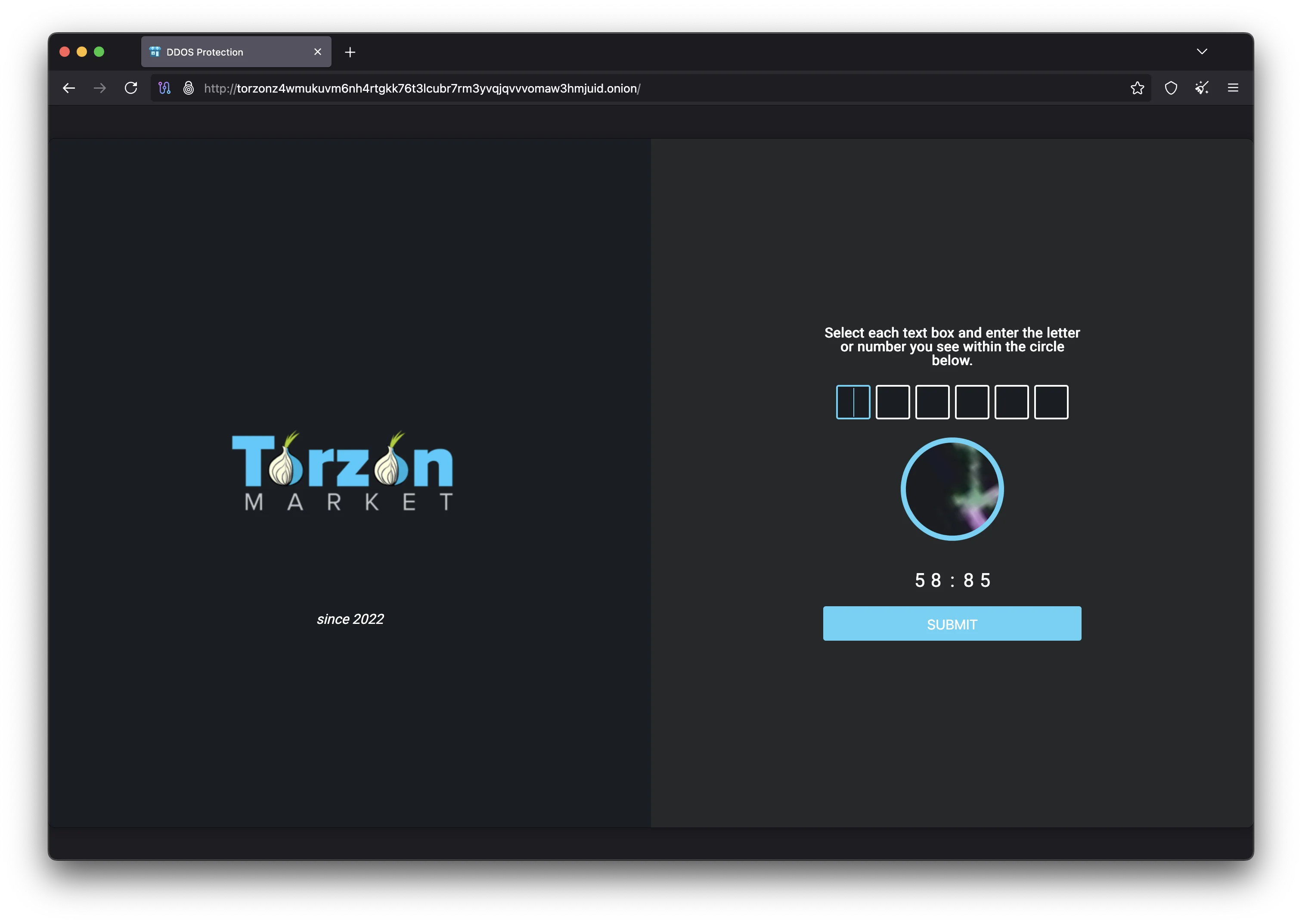 Torzon Market CAPTCHA verification page protecting the marketplace login from automated attacks and bot access
