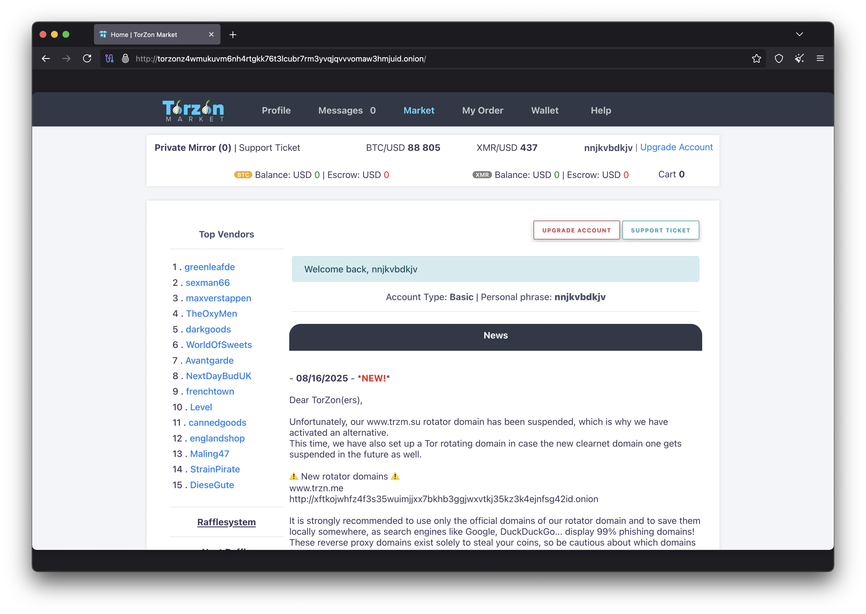 Torzon Market homepage showing the secure marketplace interface with verified vendor listings and onion URL navigation