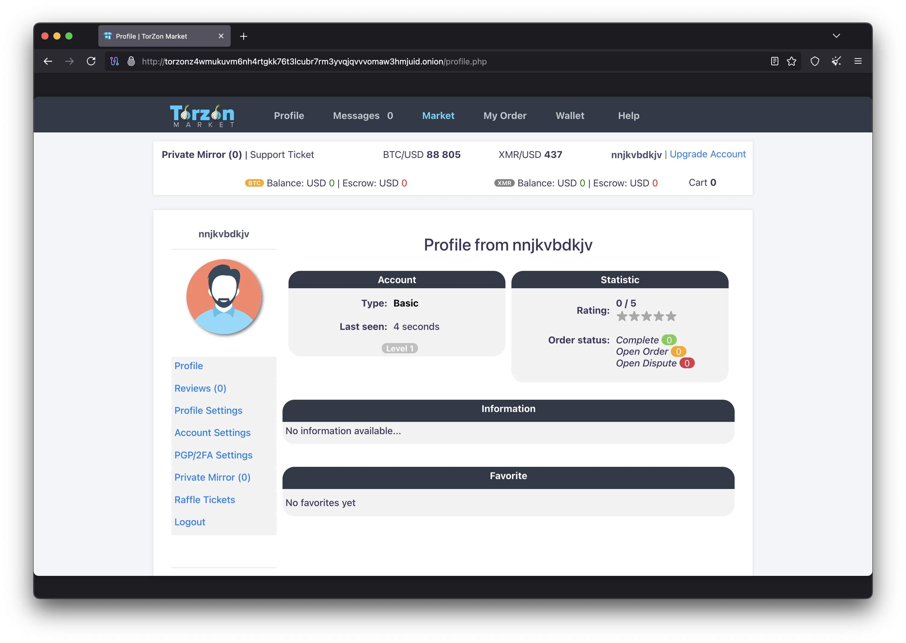 Torzon Market user profile page displaying PGP key management, account settings, and two-factor authentication configuration