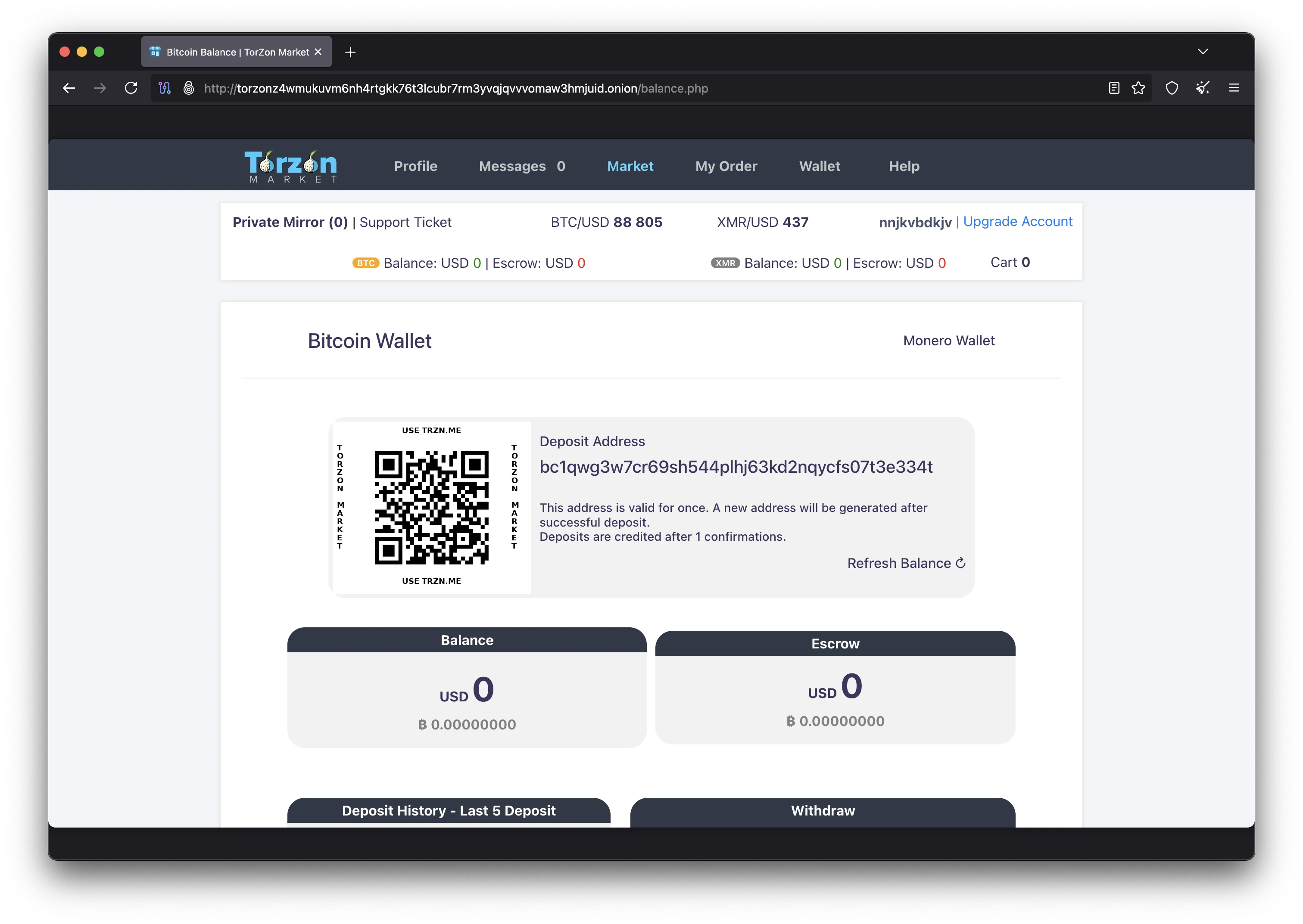 Torzon Market cryptocurrency wallet interface showing BTC and XMR deposit options with multisig escrow balance display